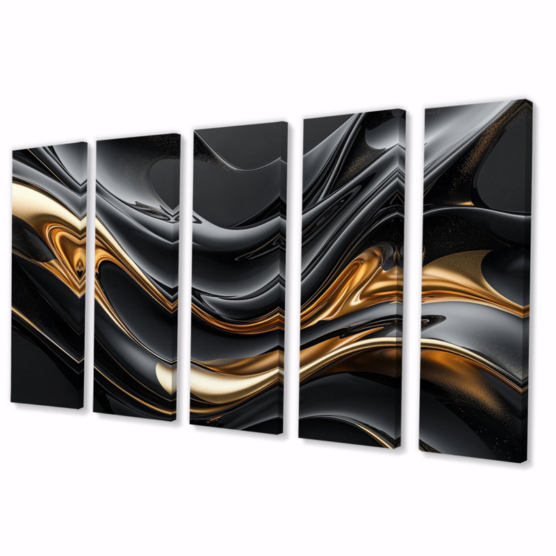 Ensemble de salon captivant en marbre noir et or III - Vagues modernes abstraites, H 32 po x l 80 po