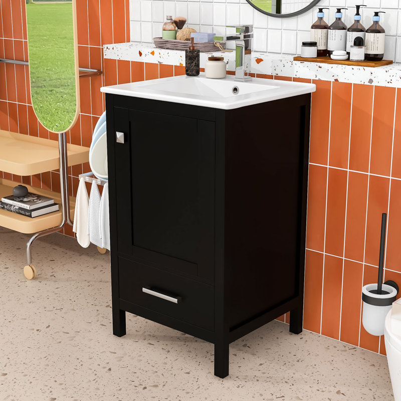Meuble-lavabo compact compact avec lavabo en céramique, tiroir et organisateur double couche, Noir