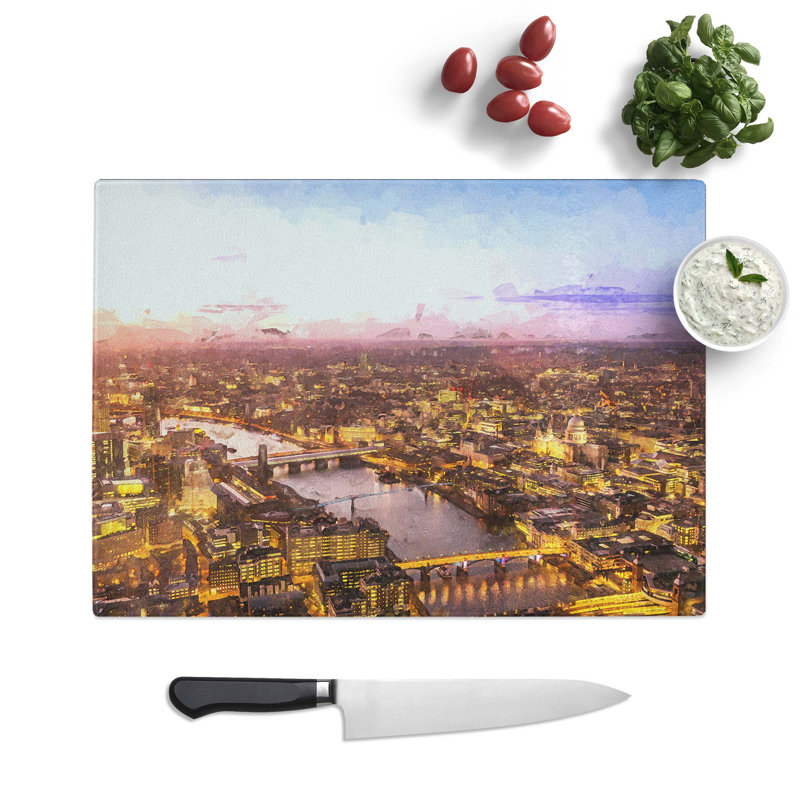 Tempered Glass The Thames River & London Skyline in Abstract Chopping Board, 39 cm W x 28.5 cm L