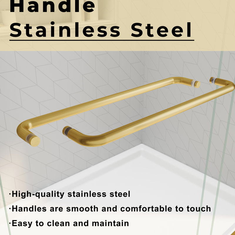 56 - 60 In. W X 72 H Sliding Shower Door, Adjustable Semi-, Clear Tempered Glass, 304 Stainless Steel Brushed Gold Handles Semi- Adjustable, Thick Handle