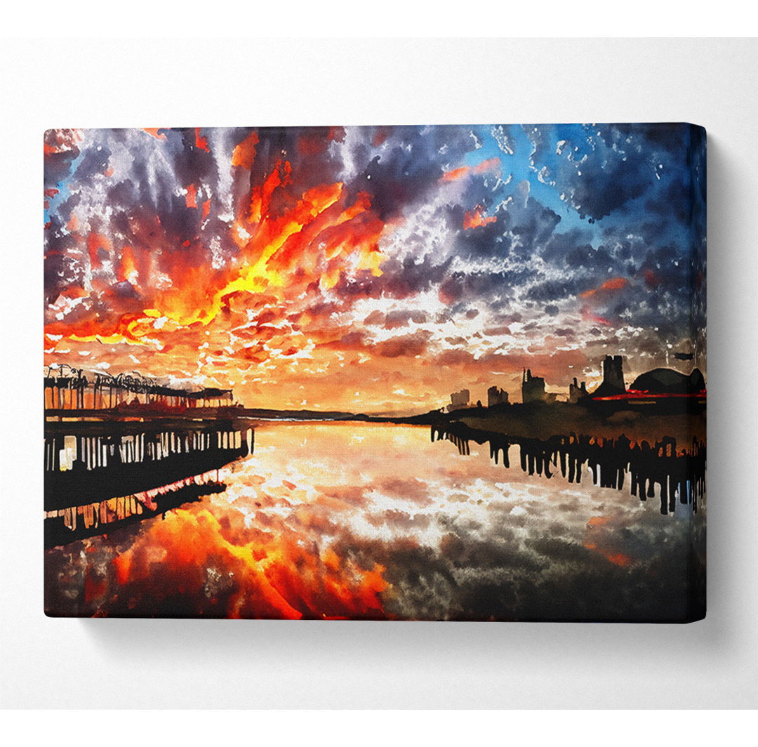 Feuer Himmel Ozean Reflexion Leinwand Aquarell