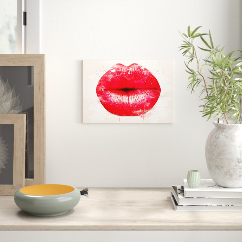 Red Lips Kiss Painting on Canvas - Wrapped Canvas, 35cm H x 50cm W