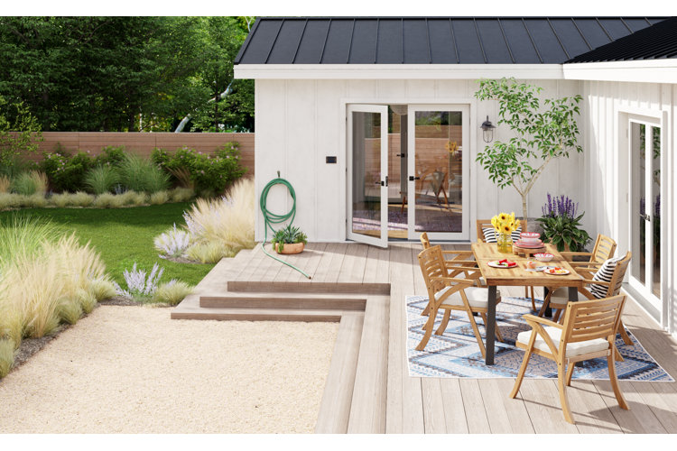 wooden patio dining set on an L-shaped back porch