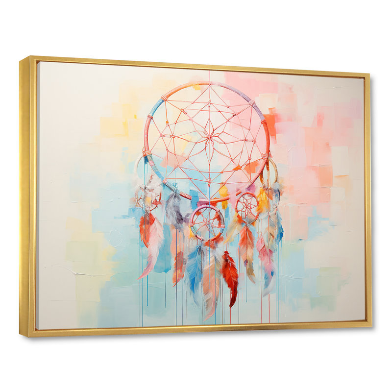 Capteur de rêves multicolore sur toile, Cadre flottant doré, H 34 po x l 44 po x P 1,5 po