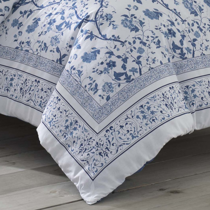Laura Ashley Charlotte Cotton Reversible Blue Comforter Set, Queen Comforter + 2 Standard Shams