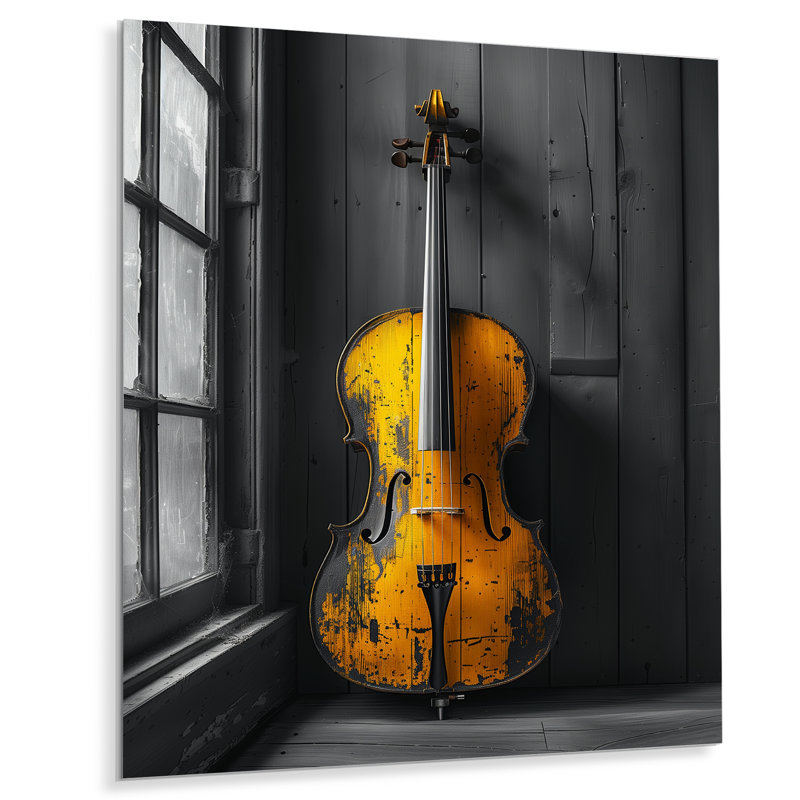 «Gray and Yellow Music Cello Chic - Music Jazz Wall Art, Sans cadre, métal, H 30 po x l 40 po