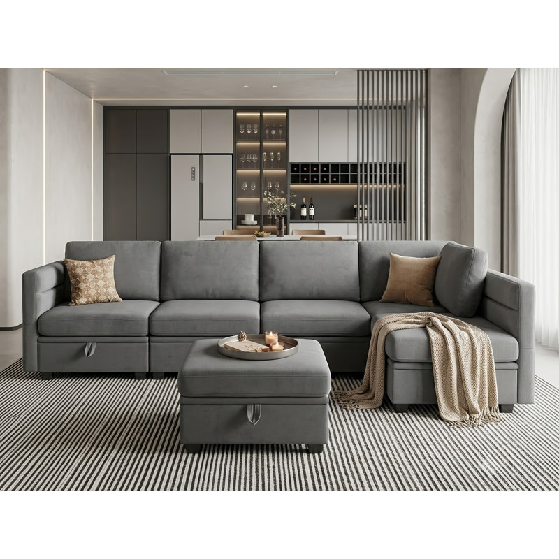 Ensemble de salon modulaire modulaire avec repose-pieds et rangement sous le siège, Dark Grey Polyester Blend