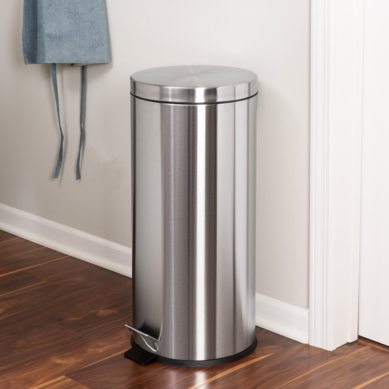 Silver Stainless Steel Round Pedal Trash Can with Liner, 7.9 Gallon