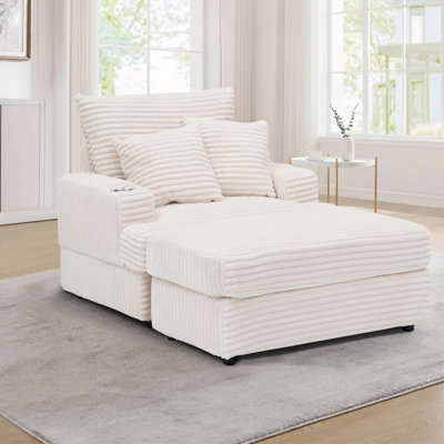 39" Wide Corduroy Upholstered Chaise Lounge Chair Accent Chair with Cup Holder for Living Room, Bedroom, Office