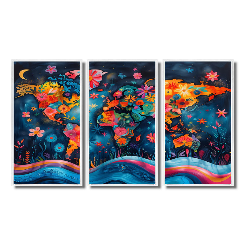 Carte du monde abstrait orange et bleu - ensemble d'art mural de carte du monde, Toile encadrée flottée blanche