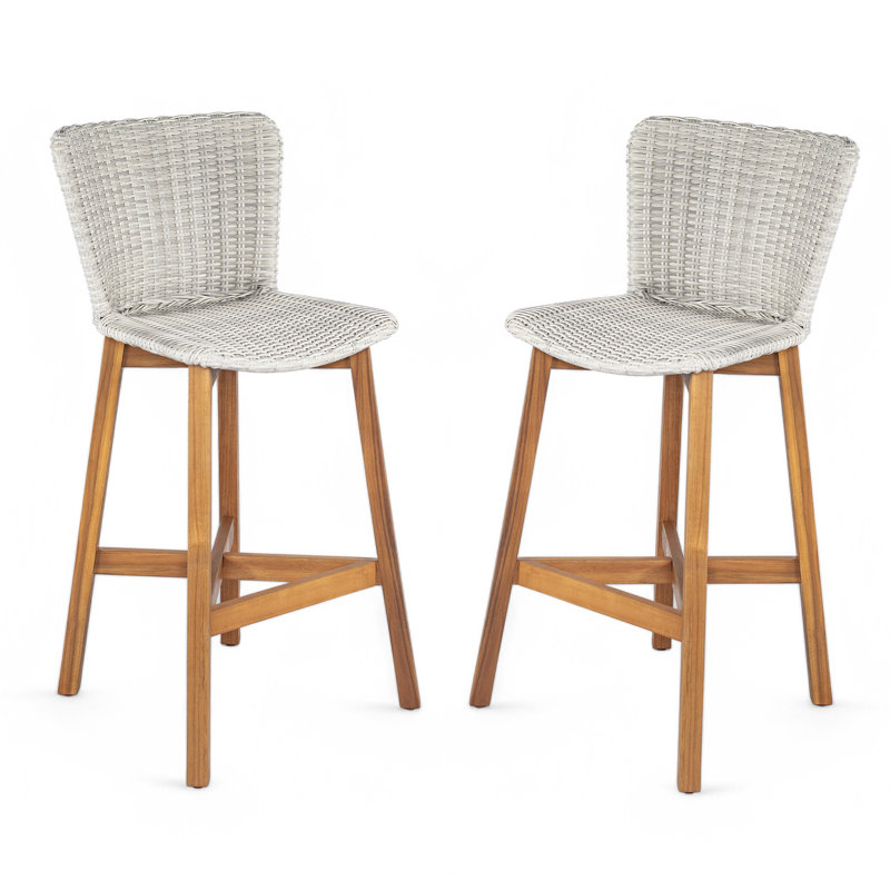Outdoor Bar Stool, Teak Finished Wood With Light Grey Wicker, Set Of 2 | Gift Idea, Light Grey