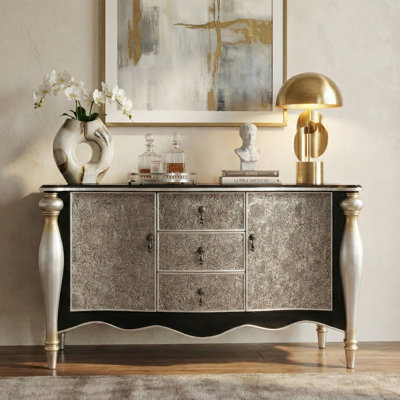 57'' Luxury Embossed Sideboard Buffet Cabinet With Drawers And Doors,  Vintage Accent Sideboard For Living Room, 2 Doors And 3 Drawers, Silver And Black