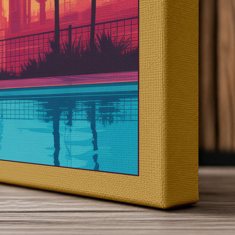 Tropical Sunset Poolside Retro - Wrapped Canvas, 24x16 - 61.0 x 40.6 cm, Ochre Border