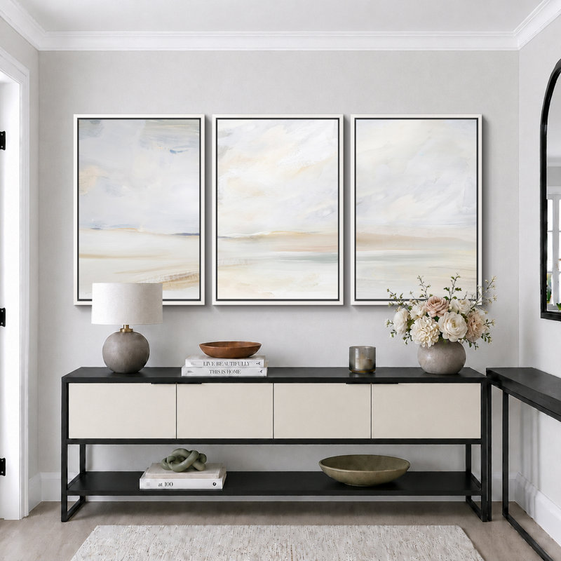 «Minimal Landscape», Mere Serene Coastal Beach, H 36 po x l 72 po, Blanc