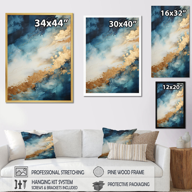 «White and Blue Goldern Abstract River I», reproduction sur toile, Cadre flottant doré, H 40 po x l 30 po x P 1,5 po