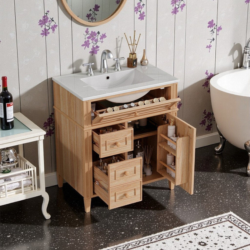Meuble-lavabo 30 po en bois de pin massif et panneau de fibres à densité moyenne avec lavabo en céramique, tiroir rabattable, portes à fermeture en douceur