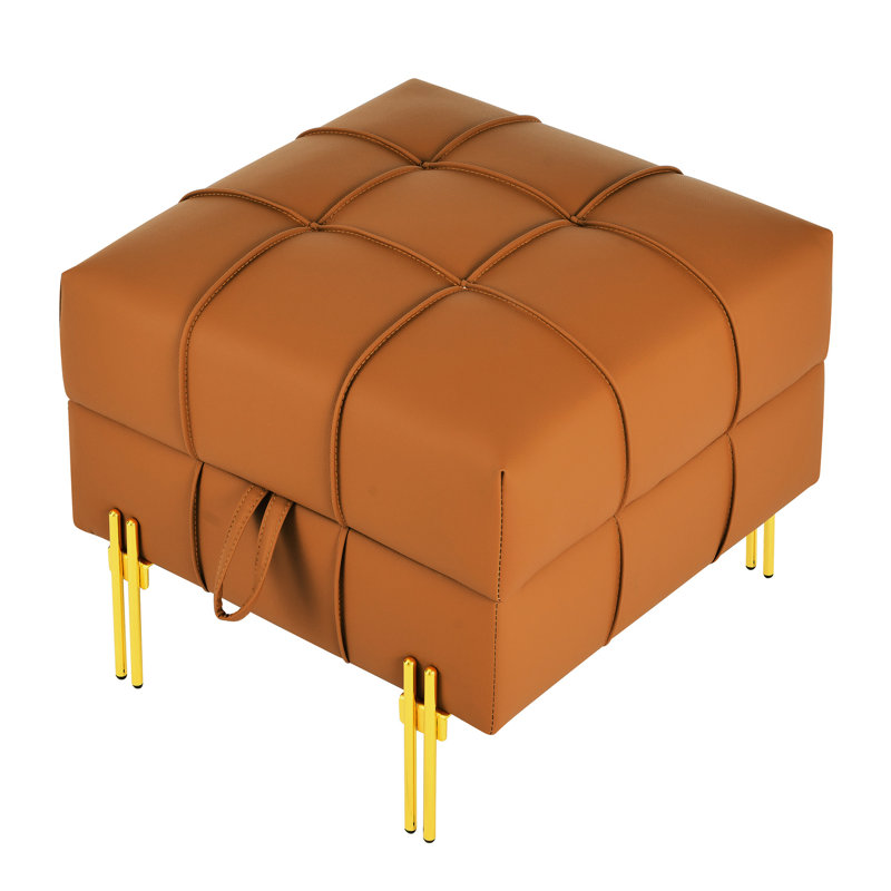 Orange 22 Inches Scratch Leather With Storage Function - Pet- Entryway Bench And Golden Stainless Steel Legs Space, Orange