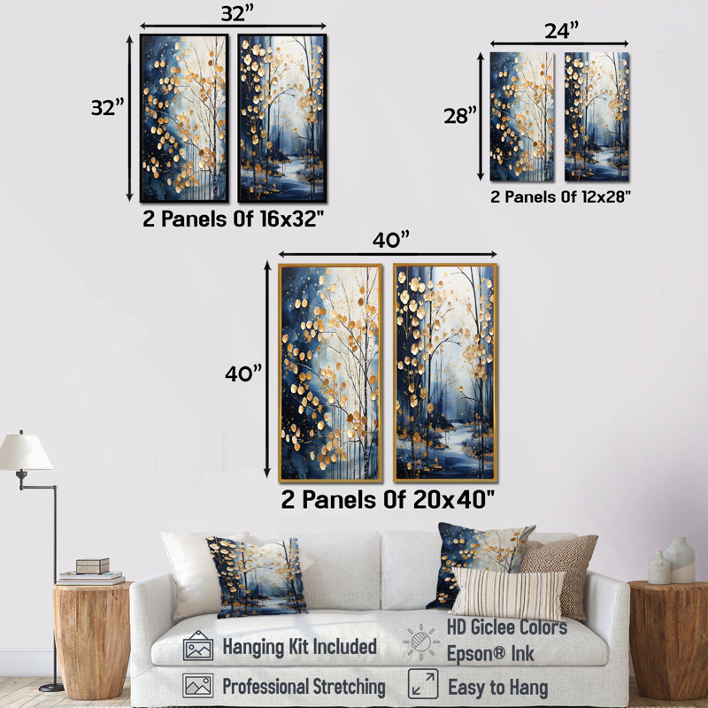 Or et bleu érable arbre forêt d'hiver I - ensemble d'œuvres d'art sur toile érable, H 40 po x l 41 po, Cadre noir