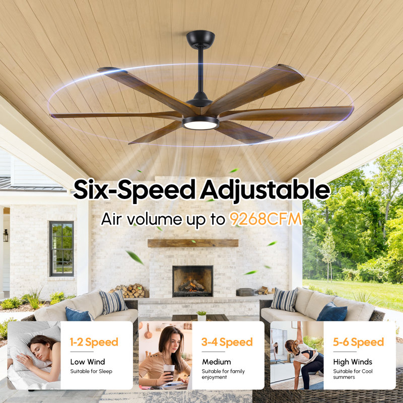6-blade Modern Solid Wood Ceiling Fan With Light And Remote, High Cfm Large Airflow Ceiling Fan, Quiet Reversible Dc Motor, Indoor Outdoor Fan For Porch Gazebo Living Room Kitchen Garage