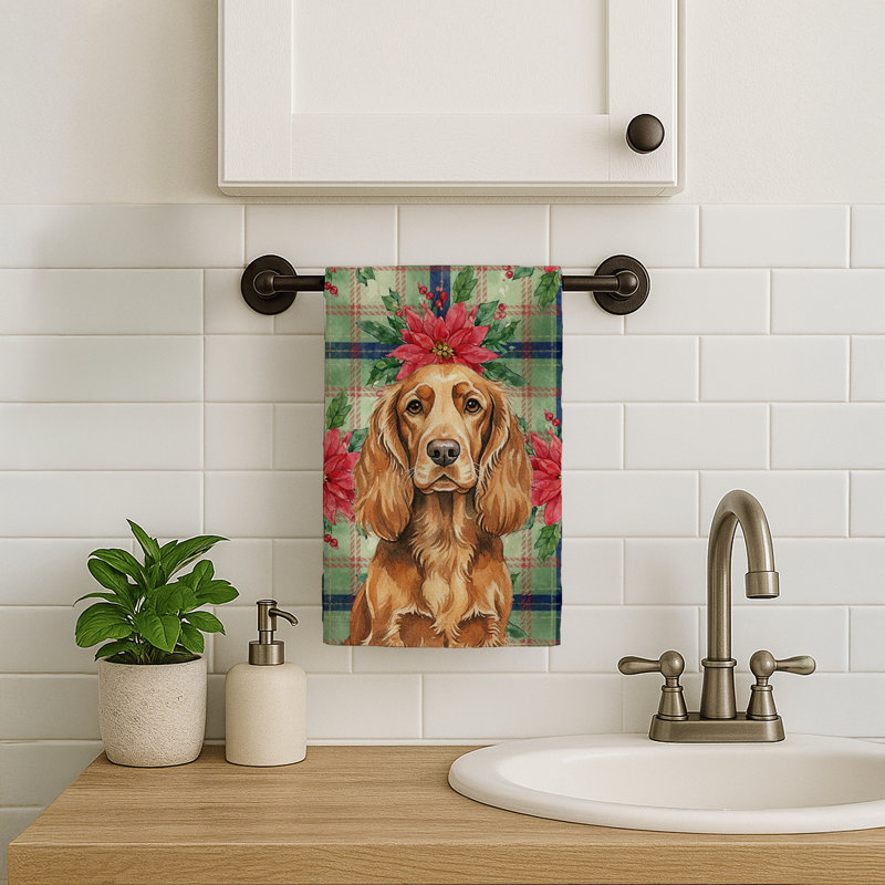 Sussex Spaniel Christmas PoinsettIas Kitchen Towel, Brown Sussex Spaniel