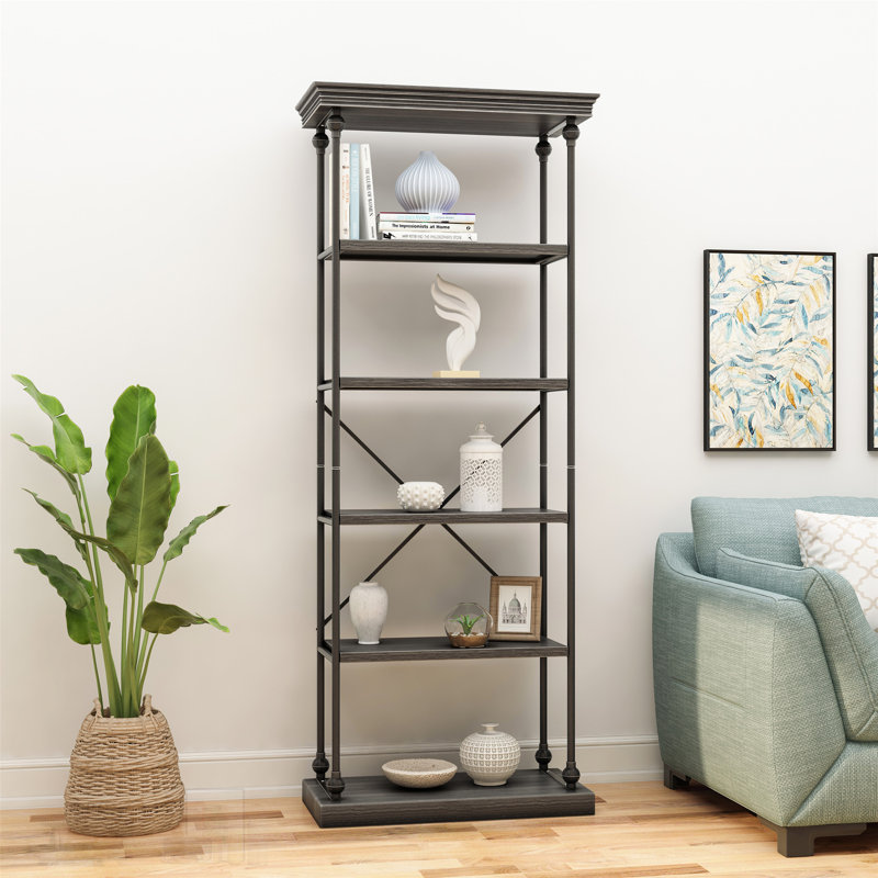 Tablette industrielle industrielle en métal à 5 niveaux avec bois de sapin, parfaite pour un rangement élégant et fonctionnel dans n'importe quelle pièce