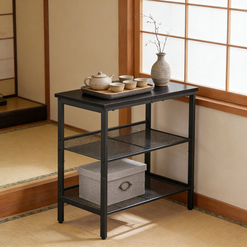 Table d'appoint étroite à 3 niveaux avec tablettes réglables, structure en métal robuste et plateau en bois pour les petits espaces, le salon, la chambre à coucher ou le couloir, facile à assembler