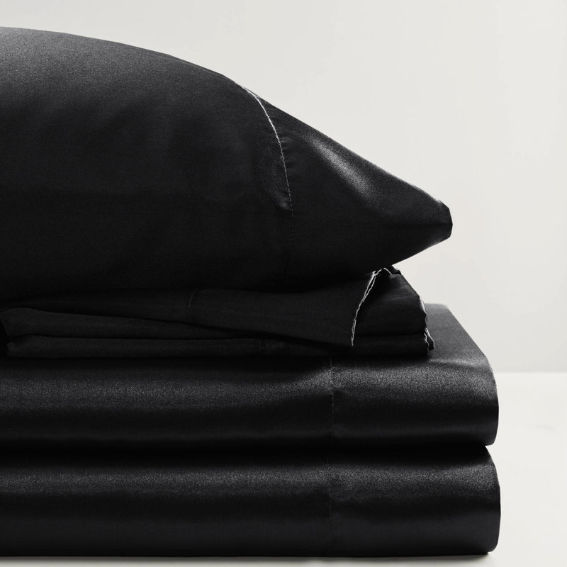 7 draps de luxe en satin noir très grand divisé, texture douce et soyeuse, réduit les frisottis, 1 drap plat, 2 draps-housses, 4 taies d'oreiller froissées, doux pour la peau et les cheveux,