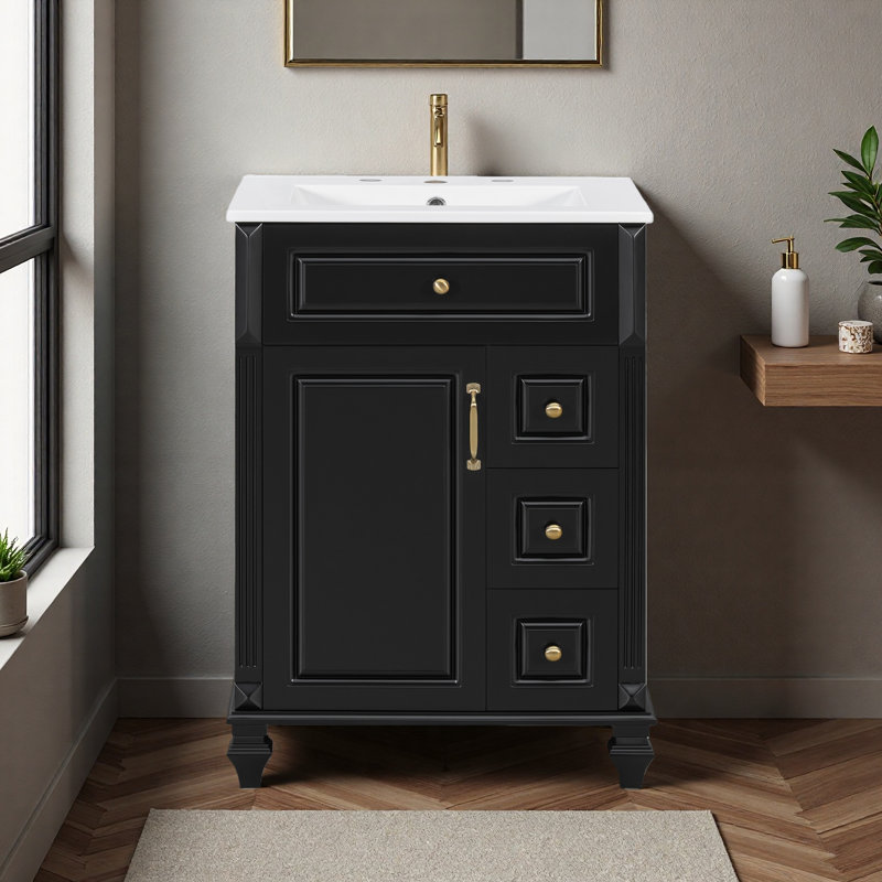 Meuble-lavabo de 24 po avec lavabo, meuble-lavabo autoportant avec tiroir rabattable, 3 tiroirs et armoire de rangement, bois massif et panneau de fibres à densité moyenne, comptoir de lavabo en céramique