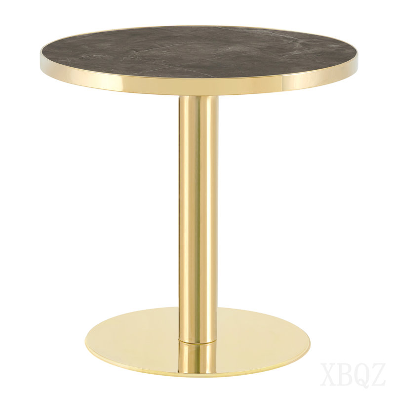 Plateau de table en MDF 23,6 po avec peinture UV, texture de marbre gris foncé, bordure en acier inoxydable doré, pieds de table en métal, table basse moderne et luxueuse.