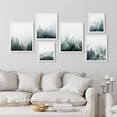 «Collage Misty Pine Tree Forest Mountain Landscape Modern Art for Living Room, Room, Office, encadré sur papier, impression de 6 pièces
