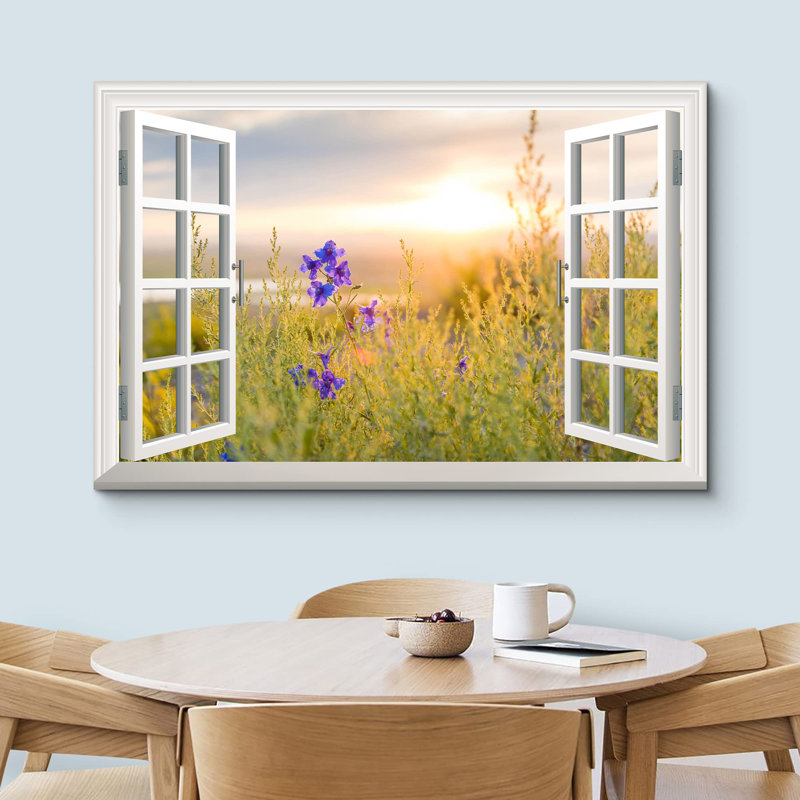 Window Scenery " Window View Of Purple Flowers At Sunset Nature Pictures Rustic Scenic Relax Calm Ultra ", 16" H x 24" W
