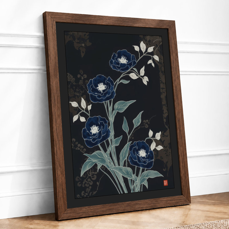 Moonlit Indigo Blooms Botanical - Framed Print, A4 - 29.7 x 21.0 cm, Walnut