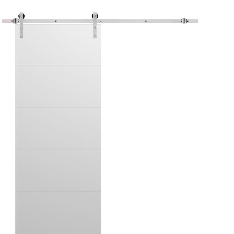 Porte de grange coulissante avec quincaillerie en acier inoxydable de 6,6 pi | Planum blanc mat 0770 peint | Ensemble de cintres en métal argentés robustes | Portes intérieures modernes à panneau plein - 36 po x 96 po - Rail argenté