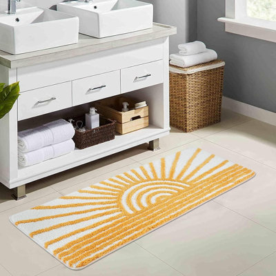 Boho Yellow White Sun Bath Mat - Non-Slip Microfiber Rug, 18x26" | Washable, Absorbent for Tub/Sink/Shower
