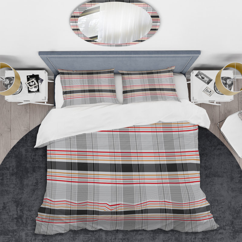Silver Checked Tartan Polyester Striped Duvet Cover, Full/Queen Duvet Cover + 2 Standard Shams