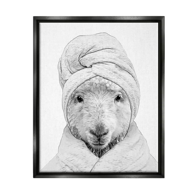 «Sheep Bathroom Peigne» par Annalisa Latella, Cadre flottant noir de jais, H 21 po x l 17 po x P 1,7 po