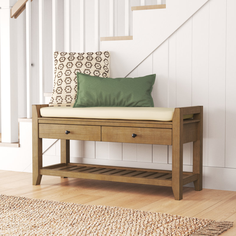 Alexandria Wood Storage Bench, Shoe Rack with Cushioned Seat and Drawers, Multipurpose Entryway Storage Bench, Old Pine