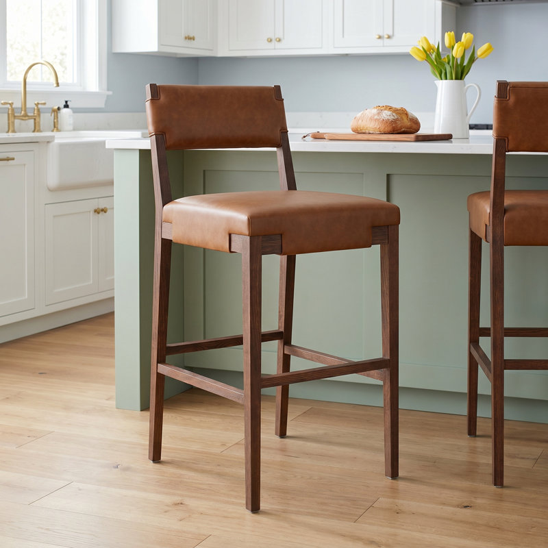 Bilbrey Leather Stool, Bar Stool (31.25" Seat Height), Brown Genuine Leather, Brown