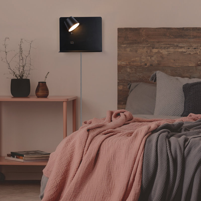 Modern Rotatable Black Led Plug In Wall Sconce Light Fixtures With Shelf And Usb Charging Port For Bedroom