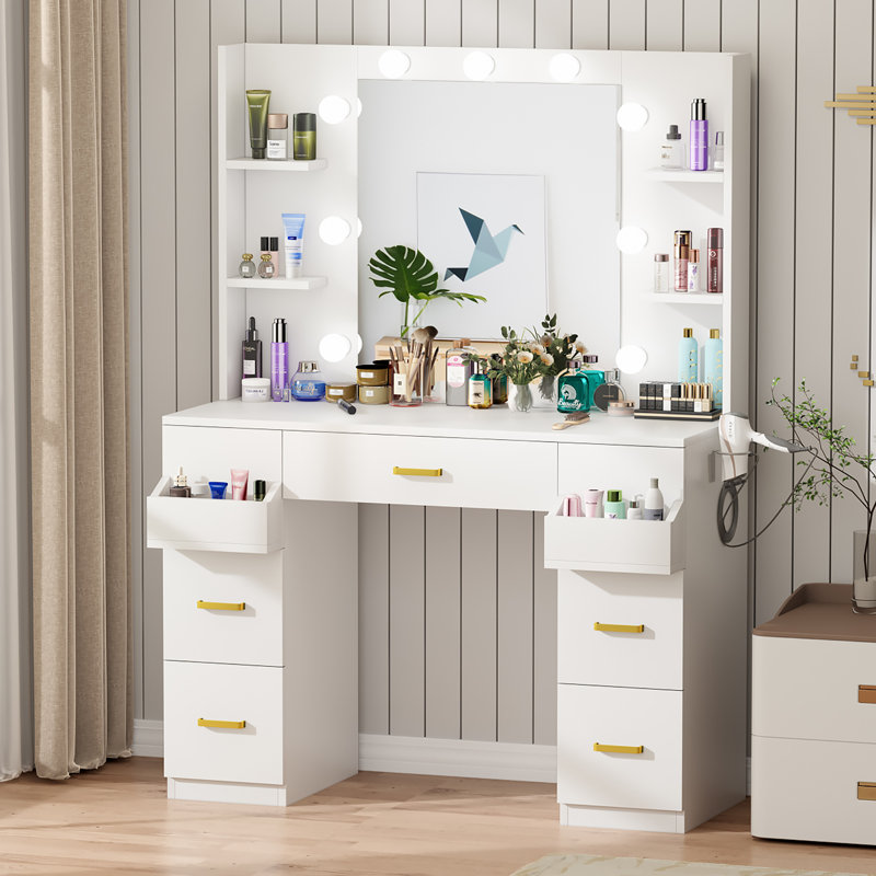 Leifsson Makeup Vanity Desk with Lighted Mirror & Power Outlet