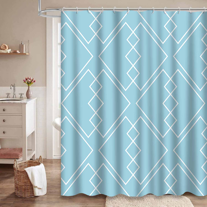 Rideau de douche bleu avec motif géométrique bleu et blanc à 12 crochets, L 72 po x l 72 po