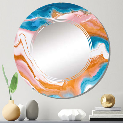 Orange orange bleu et blanc rivières en marbre - miroir mural moderne rond