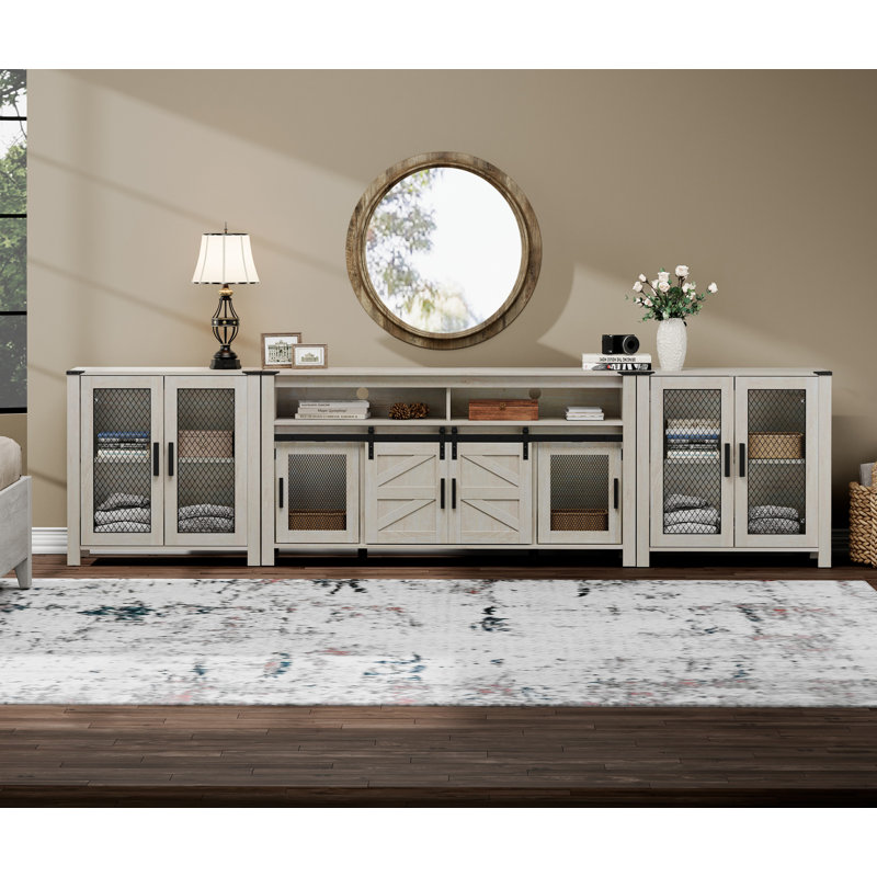 2 In 1 Tv Stand Set For Ups To Tv,Farmhouse Entertainment Center With Sliding Barn Door,Antique White