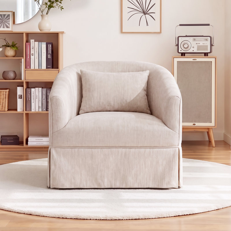 360-Degree Swivel Upholstered Armchair with Accent Pillow, Beige Linen Blend