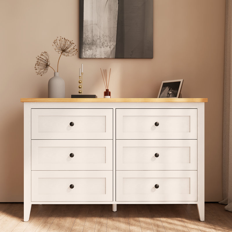 Commode double 6 tiroirs pour chambre Wilma, Bois naturel / blanc