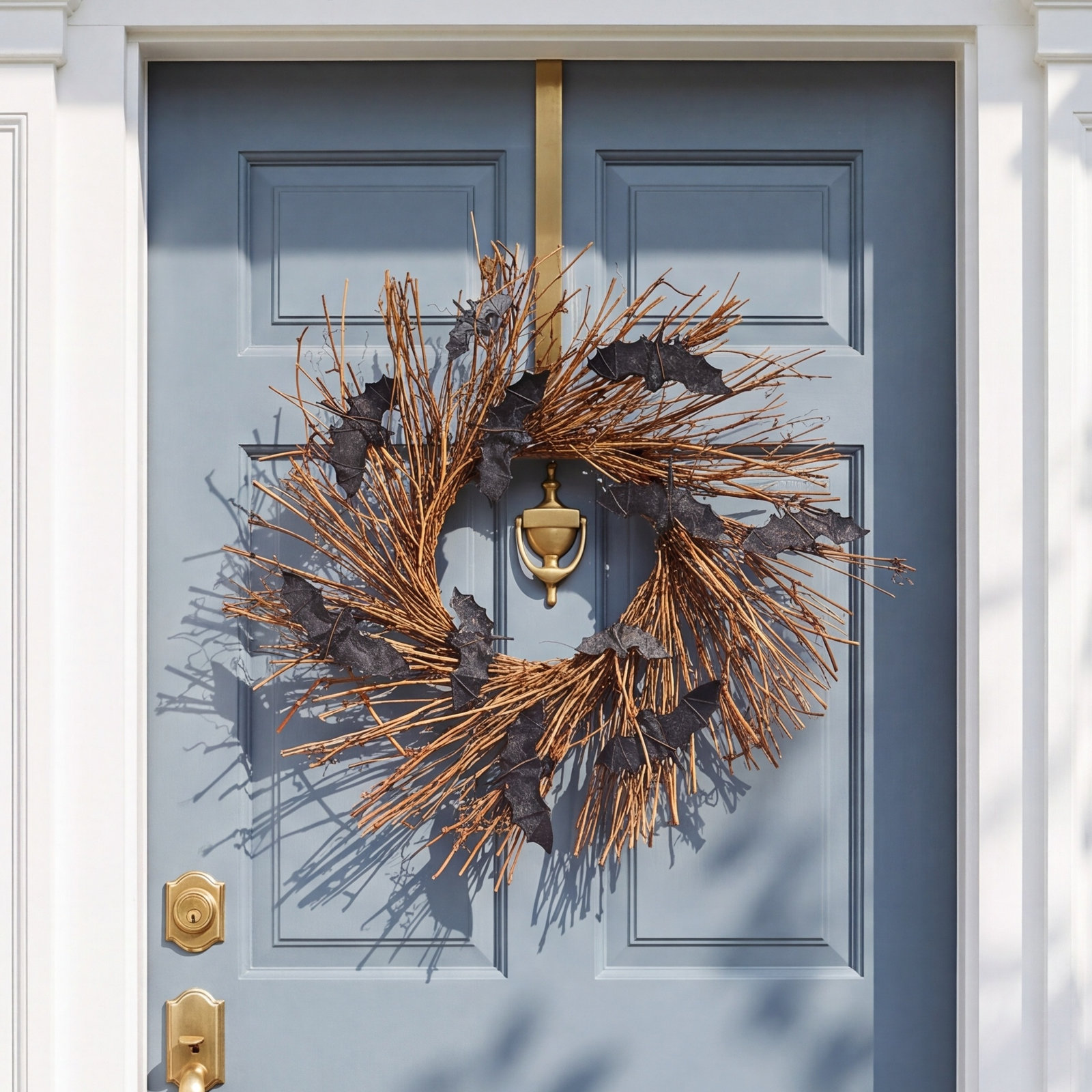 17.7 Halloween Wreath Bats Wreath Halloween Decoration, Bats Grapevine Wreath Rattan Halloween Twig Wreath With Bats Scary Black Bat Horror Decorations For Front Door Wall Window Home Decor