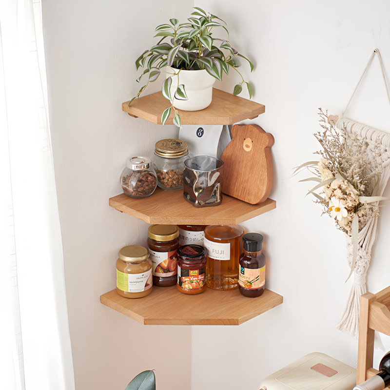 Solid Oak Corner Shelf | Wall-Mounted Floating Storage Unit, 0.7” H x 8.66” W x 8.66” D