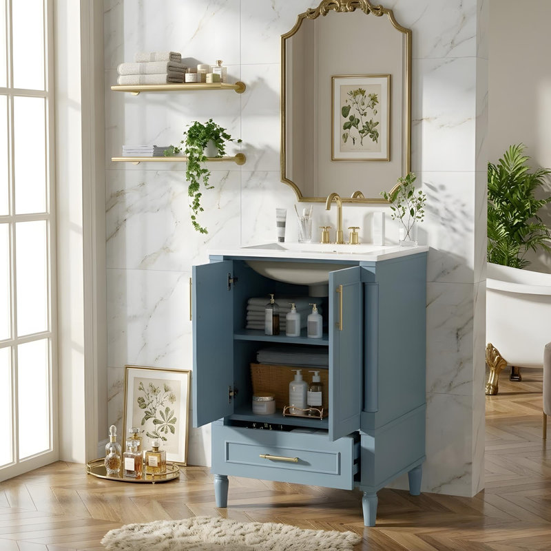 24" freestanding vanity with sink and versatile storage, Indigo Blue