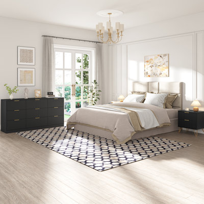 Commode cannelée pour chambre à coucher avec 9 tiroirs, 63 po de largeur, commode moderne avec poignée en métal, noir