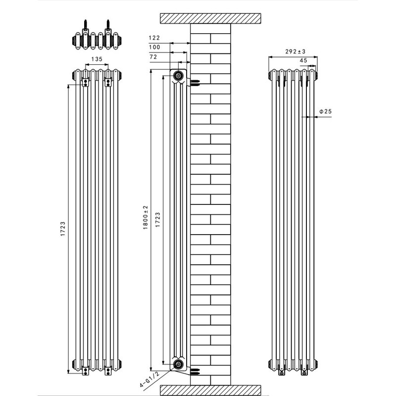 Valery Vertical Traditional 3 Column Cast Iron Style Designer Radiator, Anthracite, 180cm H x 29cm W